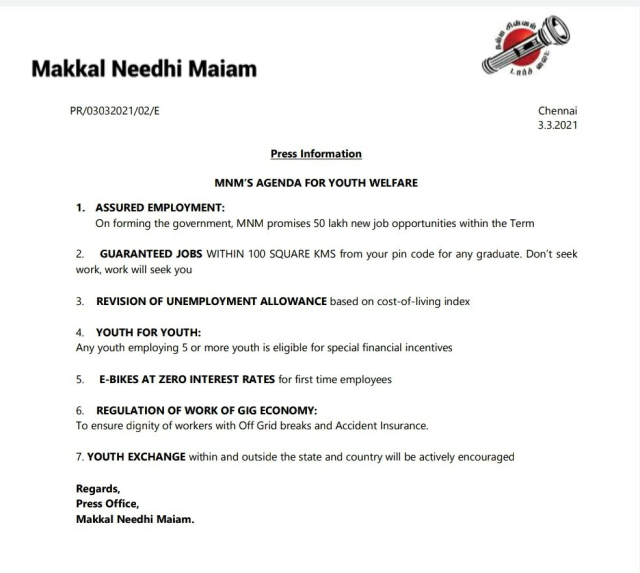Makkal Needi Maiam Agenda 2021